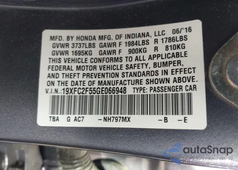 2016 Honda Civic Lx from USA, damaged, VIN 19XFC2F55GE066948